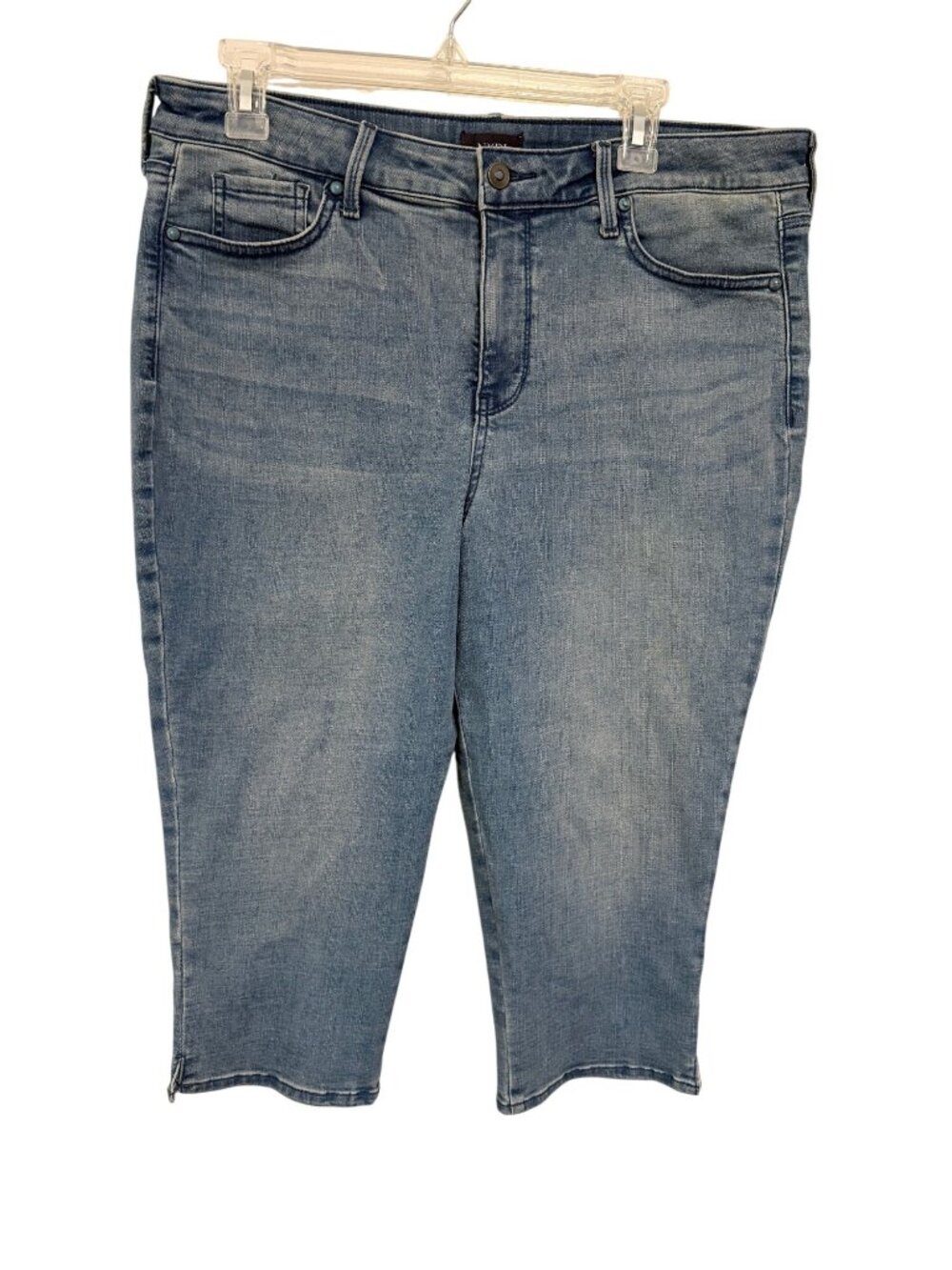 NYDJ Chloe Capri Jeans Blue Side Slit Med Wash Stone Rivets Womans 14